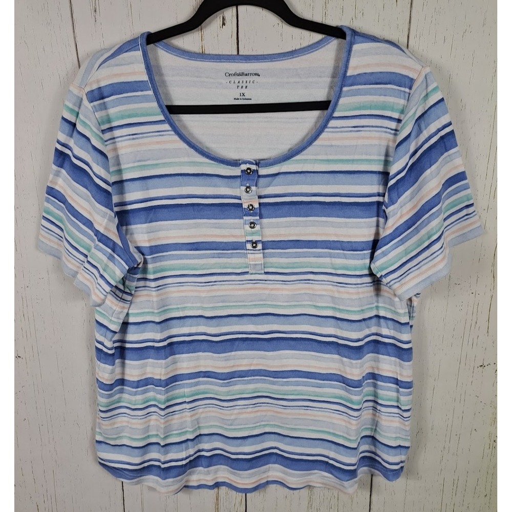Croft Barrow Plus Size 1X Womens Blue Striped Button Up Short Sleeve Top‎